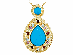 4.87ctw enhanced turquoise pear shape and round with .74ctw multi-stone round ring, 18k over sterling. The drop measures approximately 1 3/8". The multi-stones consist of amethyst, citrine, garnet, peridot and sky blue topaz.